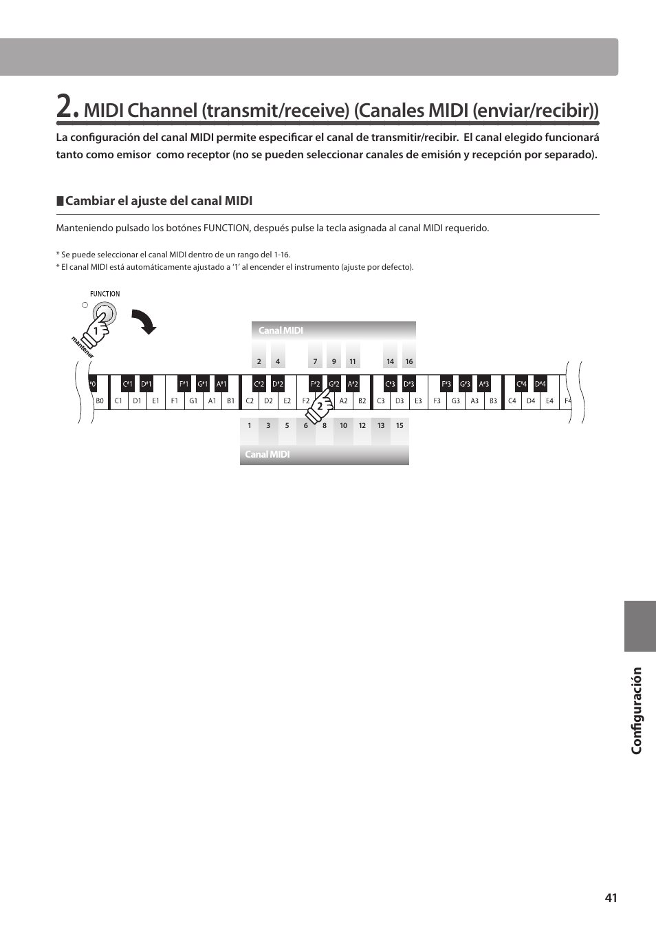 Configuración, Cambiar el ajuste del canal midi | Kawai ES100 User Manual | Page 41 / 62