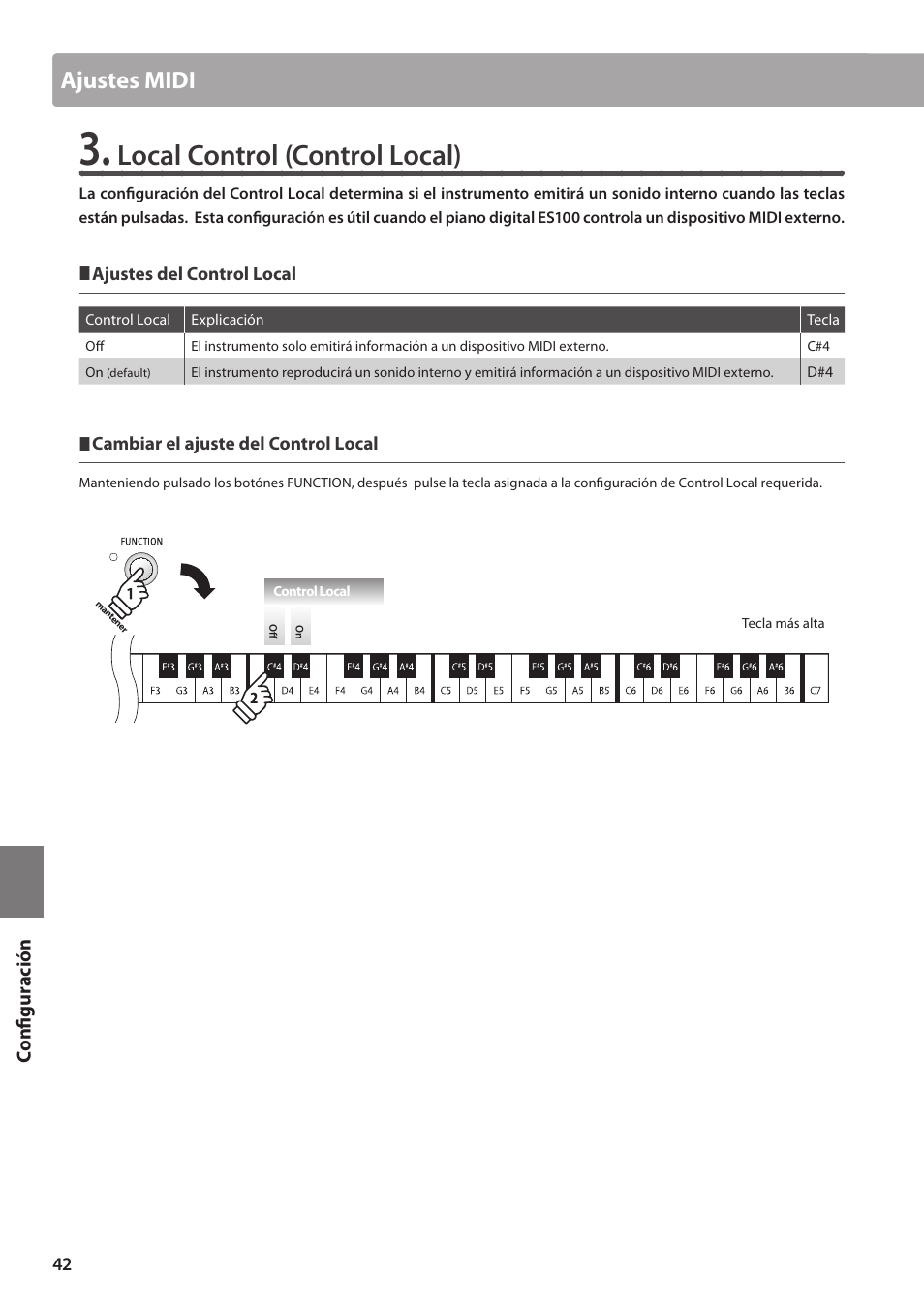 Local control (control local), Ajustes midi | Kawai ES100 User Manual | Page 42 / 62