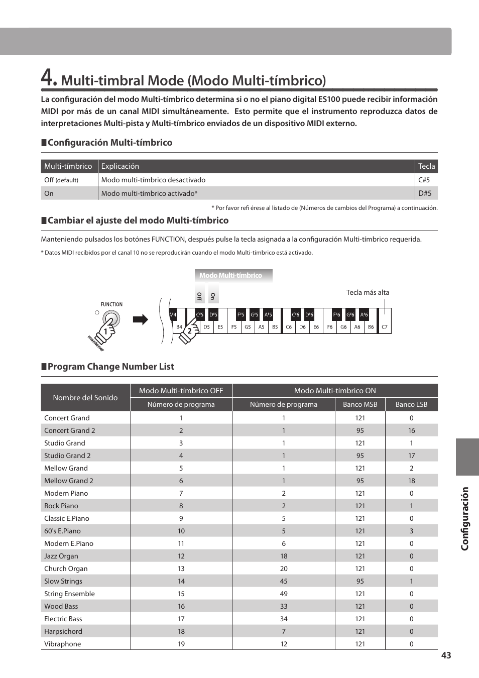 Multi-timbral mode (modo multi-tímbrico), Configuración, Configuración multi-tímbrico | Cambiar el ajuste del modo multi-tímbrico, Program change number list | Kawai ES100 User Manual | Page 43 / 62