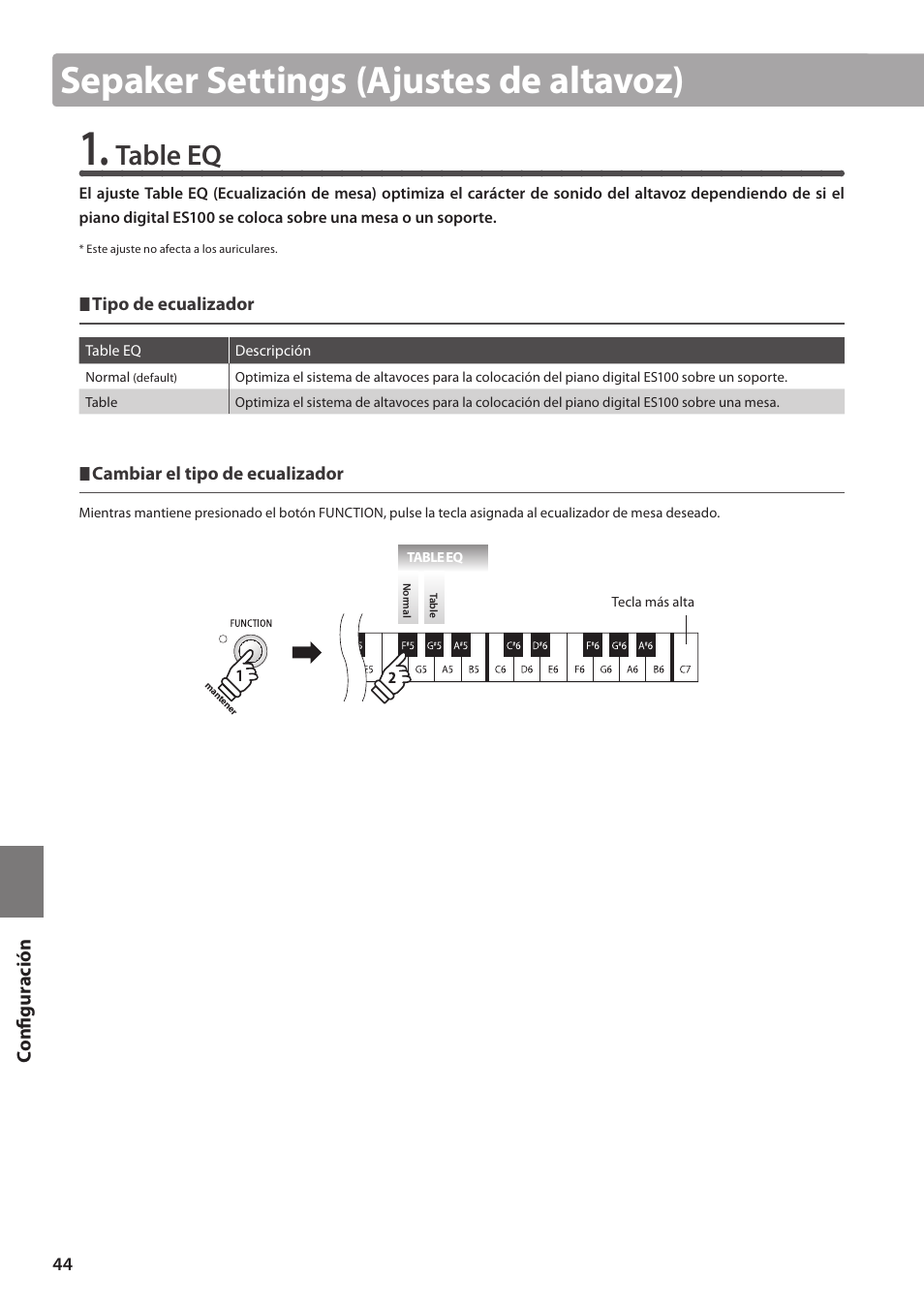 Sepaker settings (ajustes de altavoz), Table eq | Kawai ES100 User Manual | Page 44 / 62