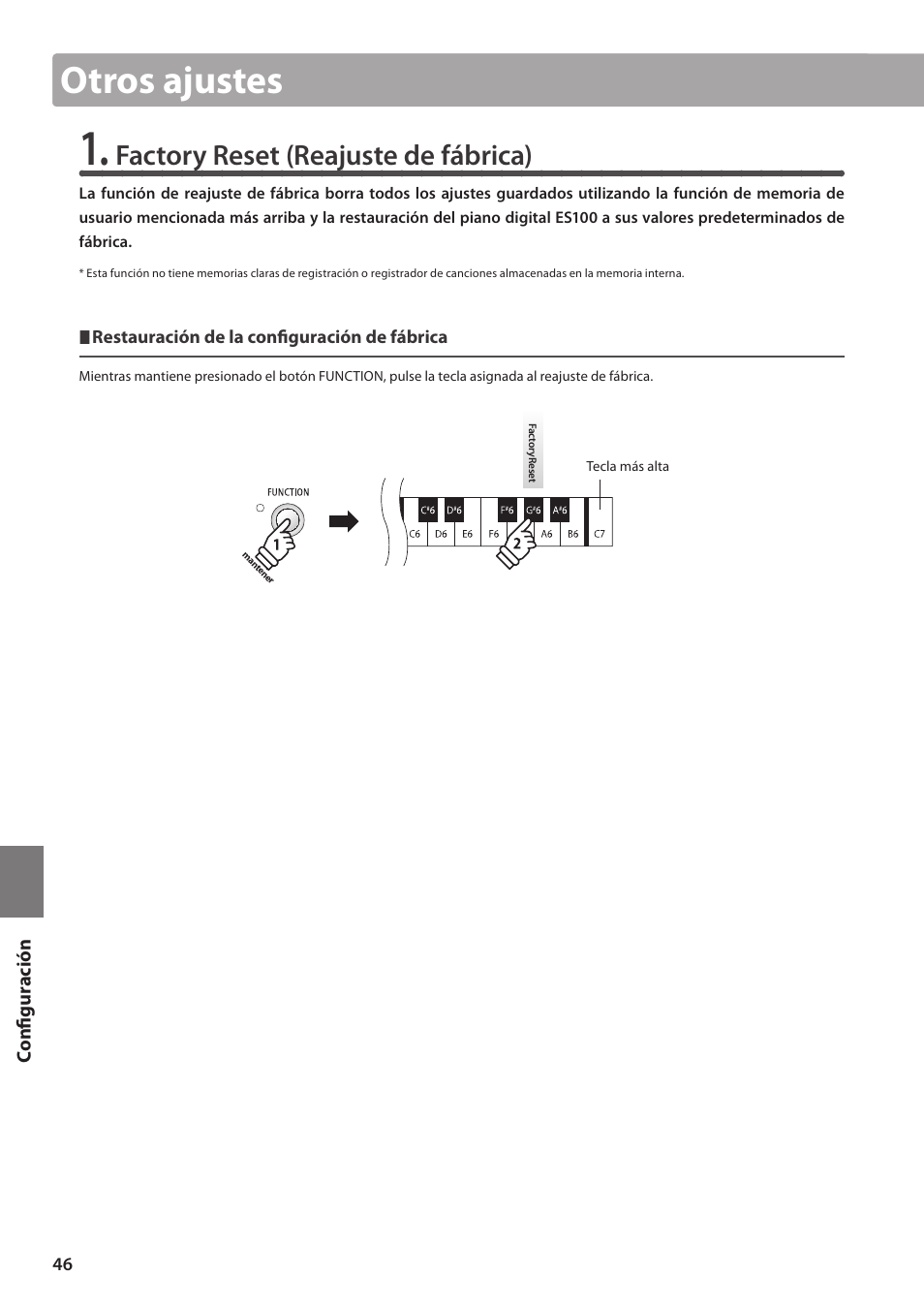 Otros ajustes, Factory reset (reajuste de fábrica) | Kawai ES100 User Manual | Page 46 / 62