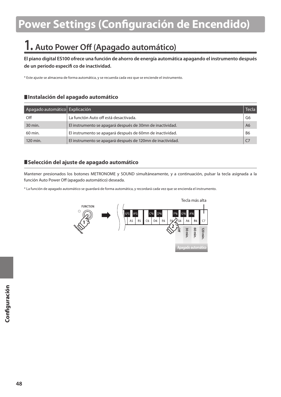 Power settings (configuración de encendido), Auto power off (apagado automático), Configuración | Kawai ES100 User Manual | Page 48 / 62