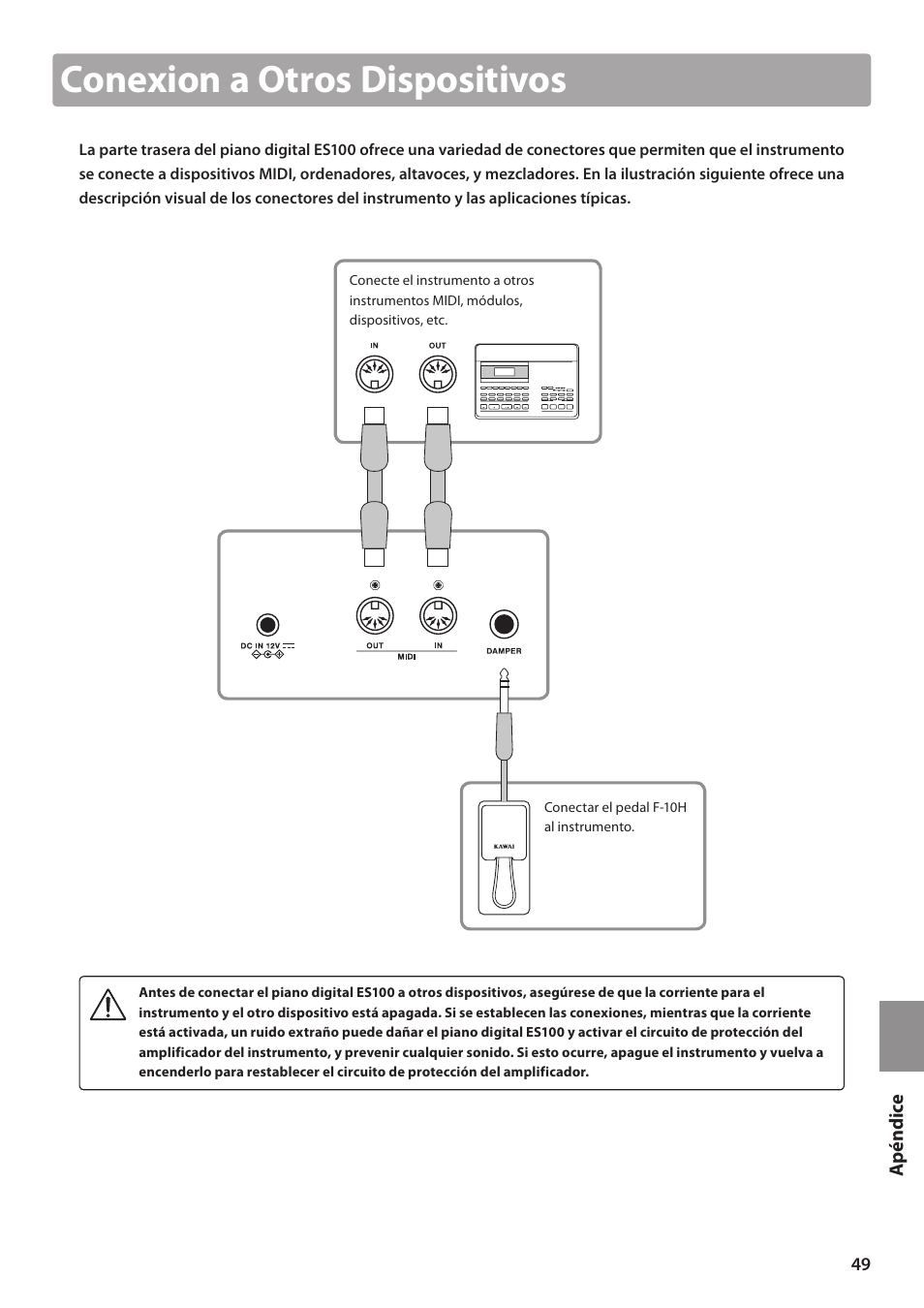 Conexion a otros dispositivos | Kawai ES100 User Manual | Page 49 / 62