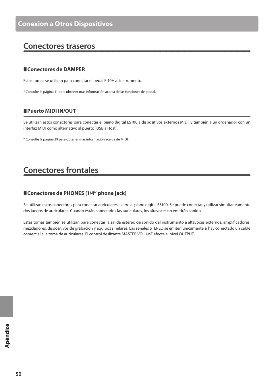 Conectores traseros, Conectores frontales, Conexion a otros dispositivos | Kawai ES100 User Manual | Page 50 / 62