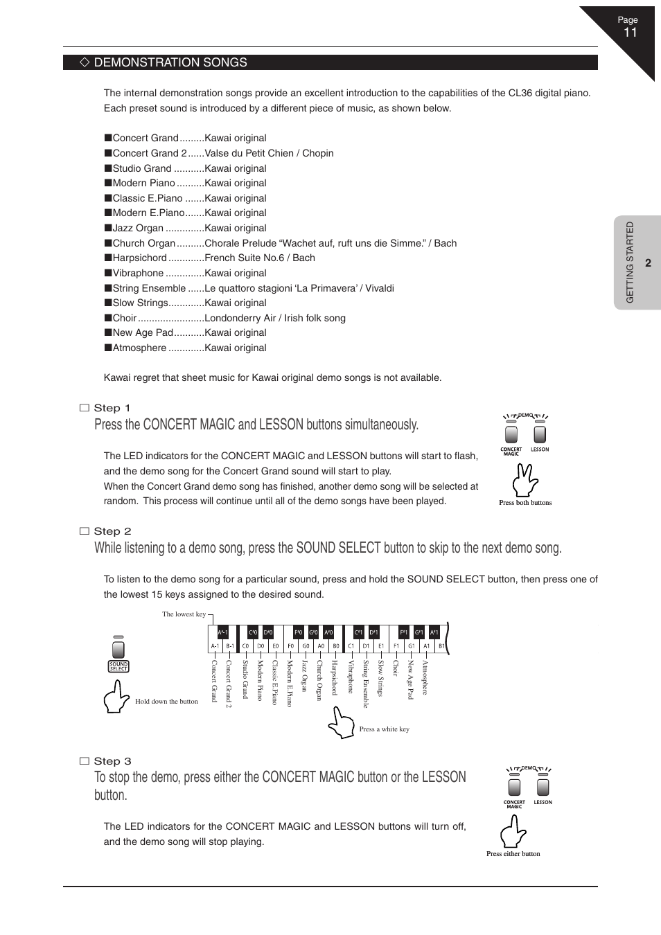 Demonstration songs | Kawai CL36 User Manual | Page 11 / 44