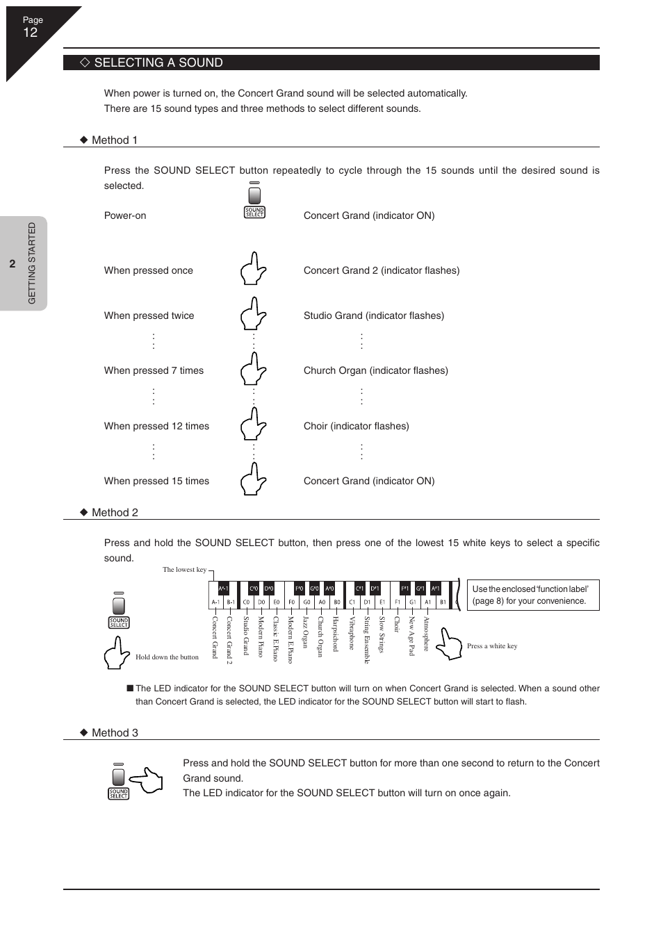 Selecting a sound | Kawai CL36 User Manual | Page 12 / 44