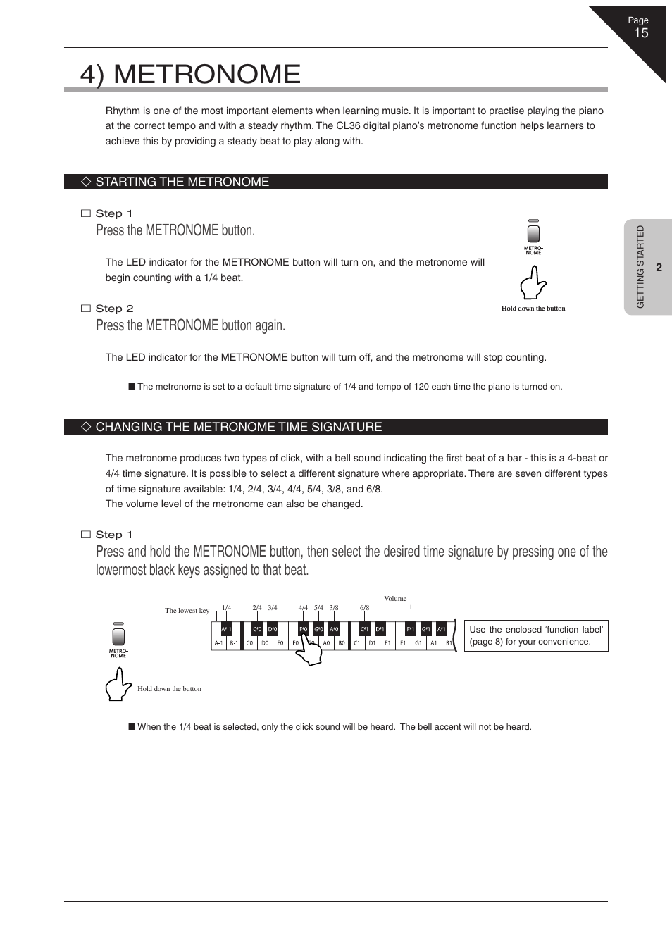 4) metronome, Press the metronome button, Press the metronome button again | Kawai CL36 User Manual | Page 15 / 44