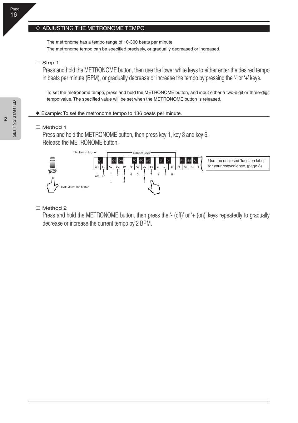 Adjusting the metronome tempo | Kawai CL36 User Manual | Page 16 / 44