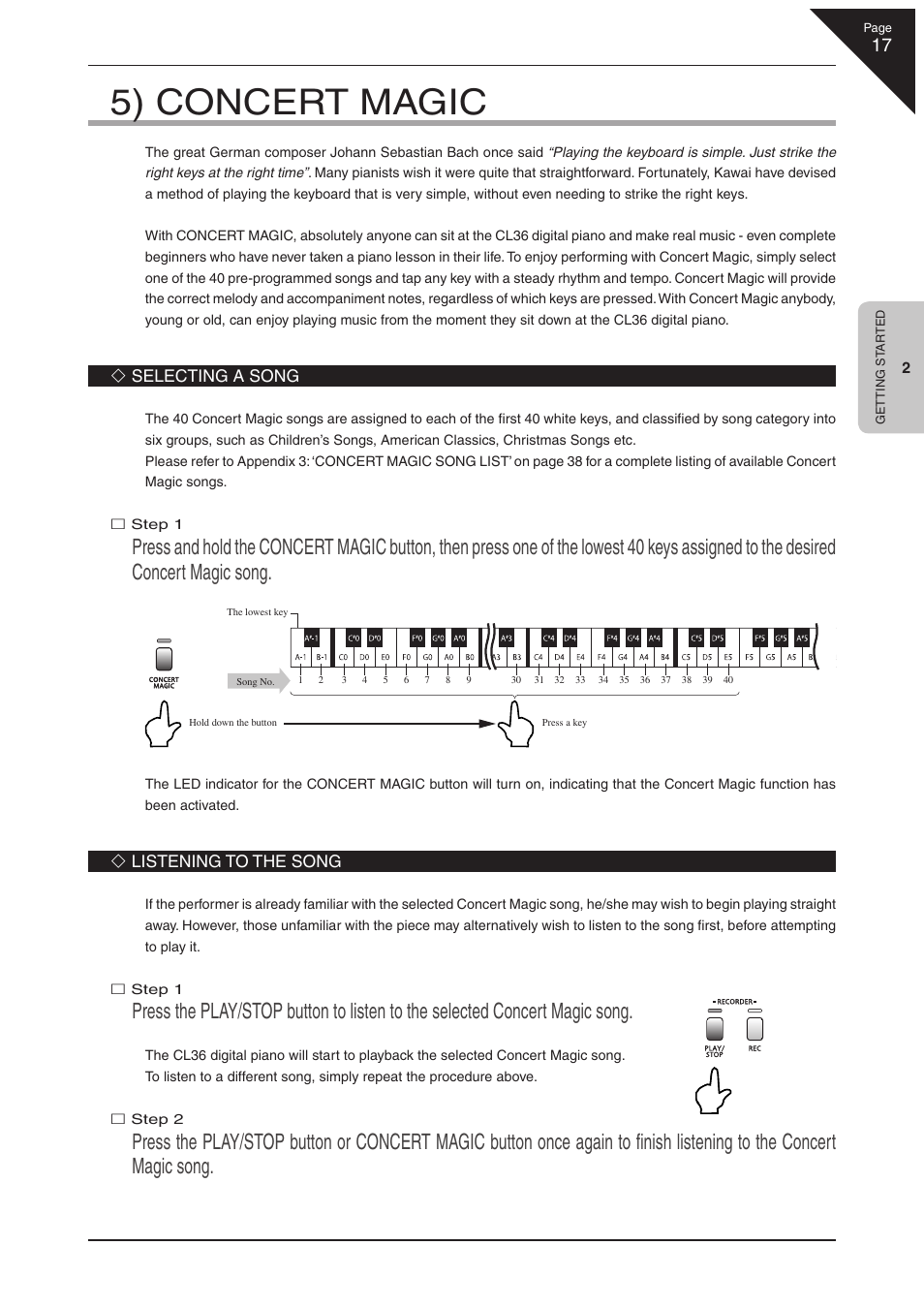 5) concert magic, Selecting a song, Listening to the song | Kawai CL36 User Manual | Page 17 / 44