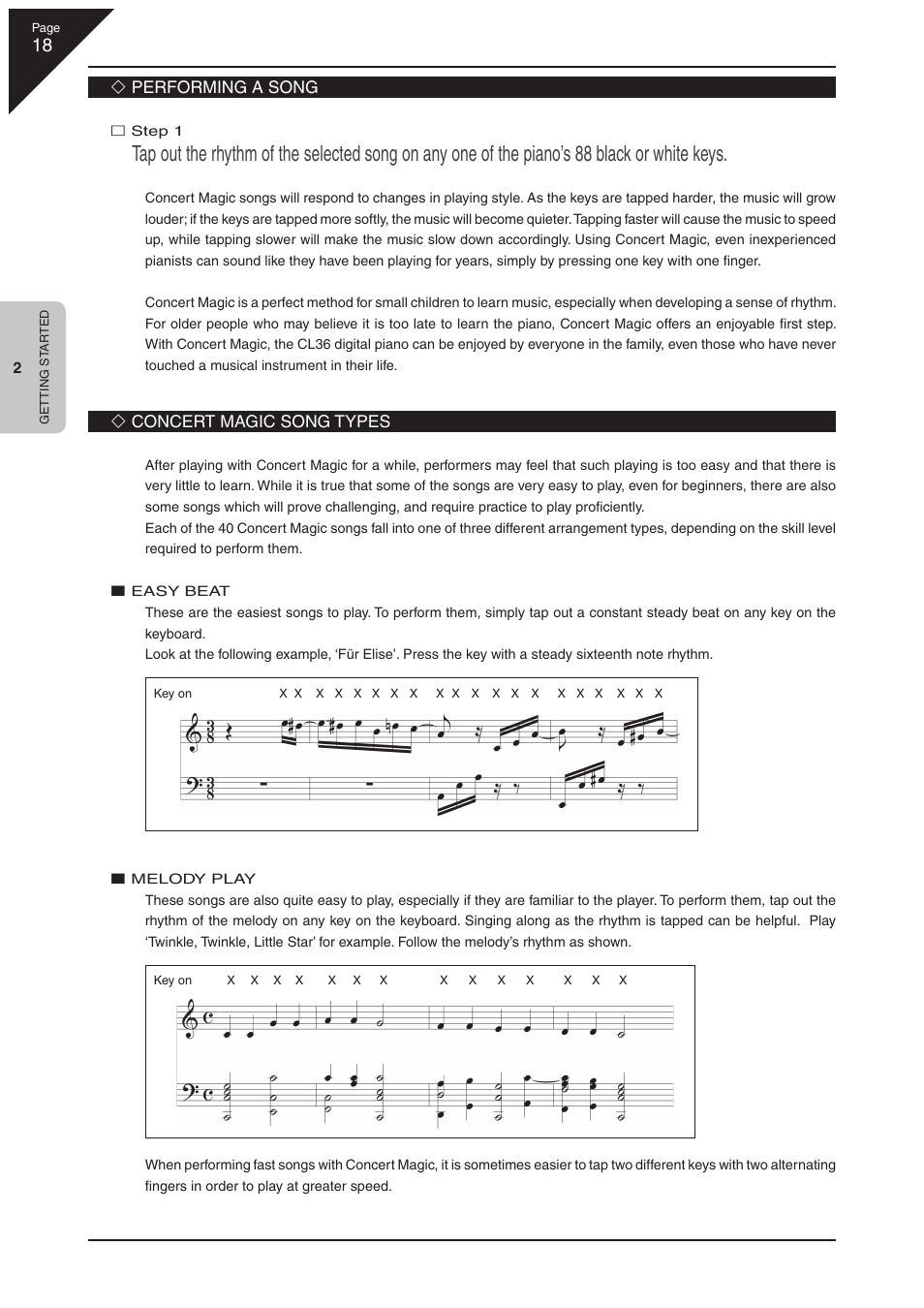 Performing a song, Concert magic song types | Kawai CL36 User Manual | Page 18 / 44