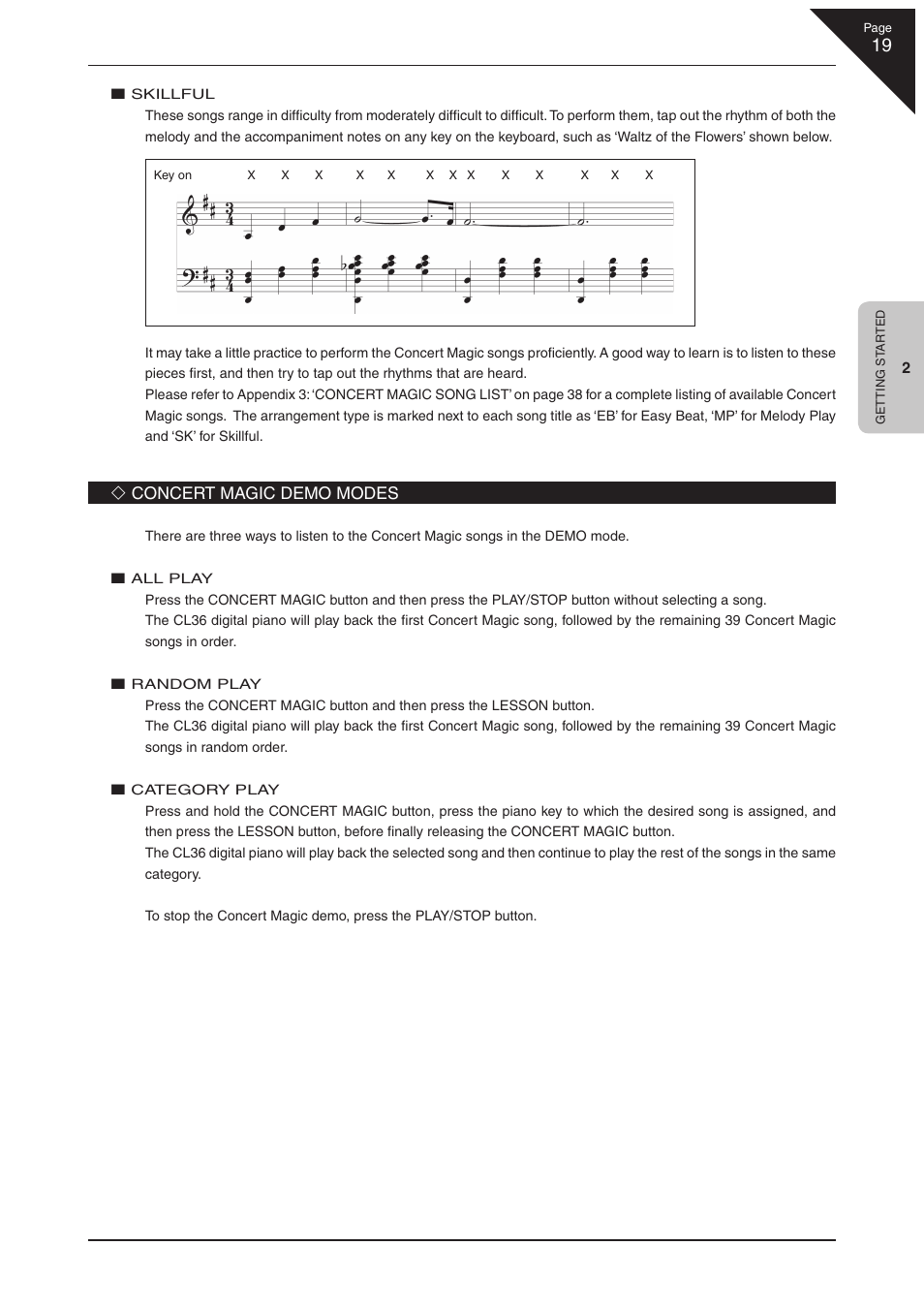 Concert magic demo modes | Kawai CL36 User Manual | Page 19 / 44