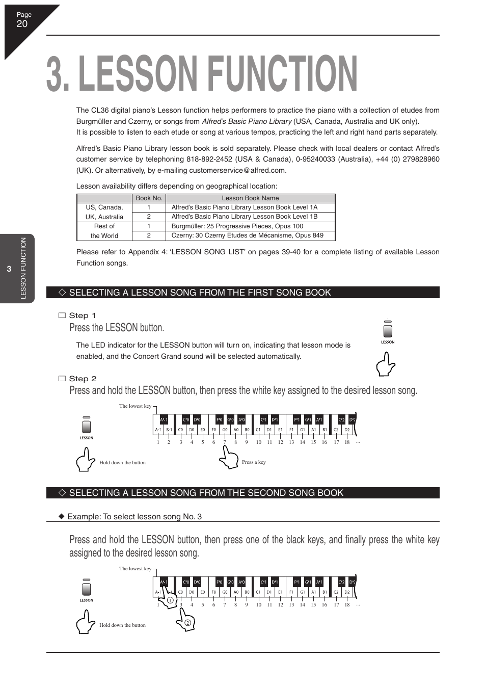 Lesson function, Press the lesson button, Selecting a lesson song from the first song book | Selecting a lesson song from the second song book | Kawai CL36 User Manual | Page 20 / 44