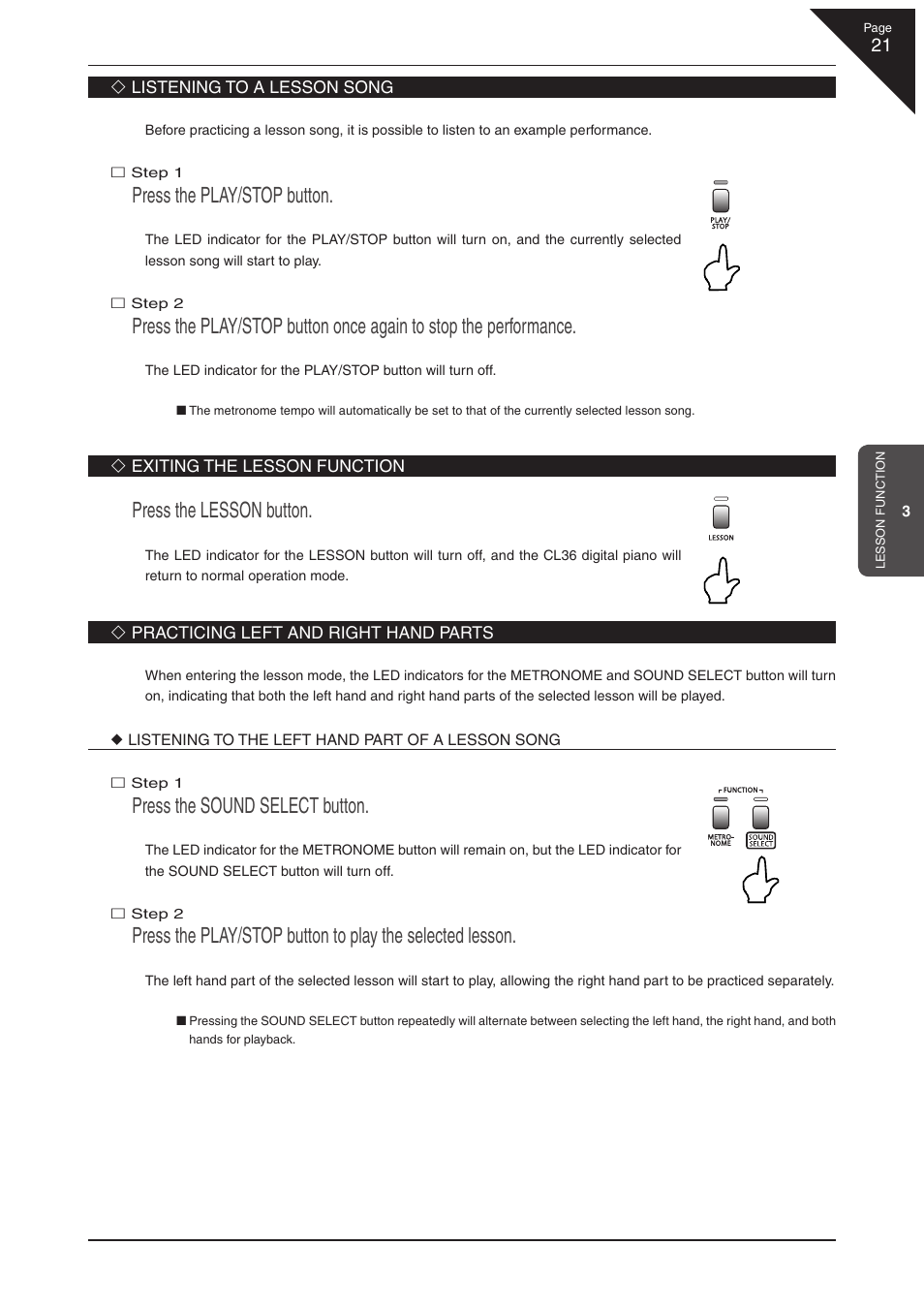 Press the play/stop button, Press the lesson button, Press the sound select button | Kawai CL36 User Manual | Page 21 / 44