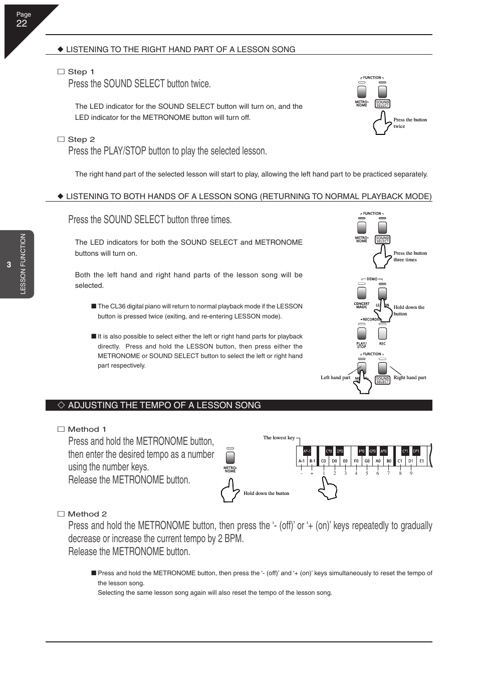 Press the sound select button twice, Press the sound select button three times, Adjusting the tempo of a lesson song | Listening to the right hand part of a lesson song | Kawai CL36 User Manual | Page 22 / 44