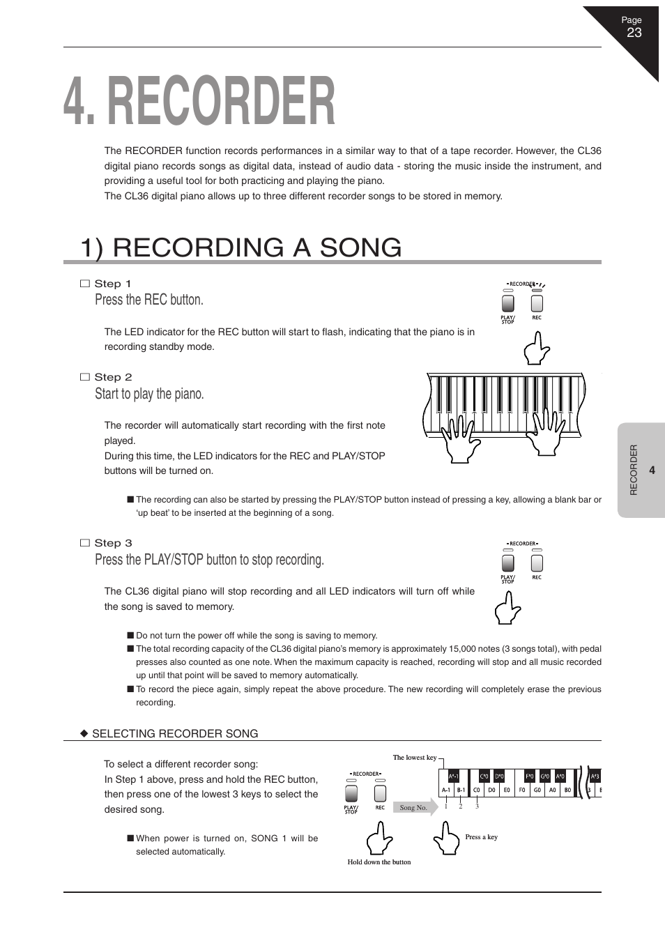 Recorder, 1) recording a song, Press the rec button | Start to play the piano, Press the play/stop button to stop recording | Kawai CL36 User Manual | Page 23 / 44