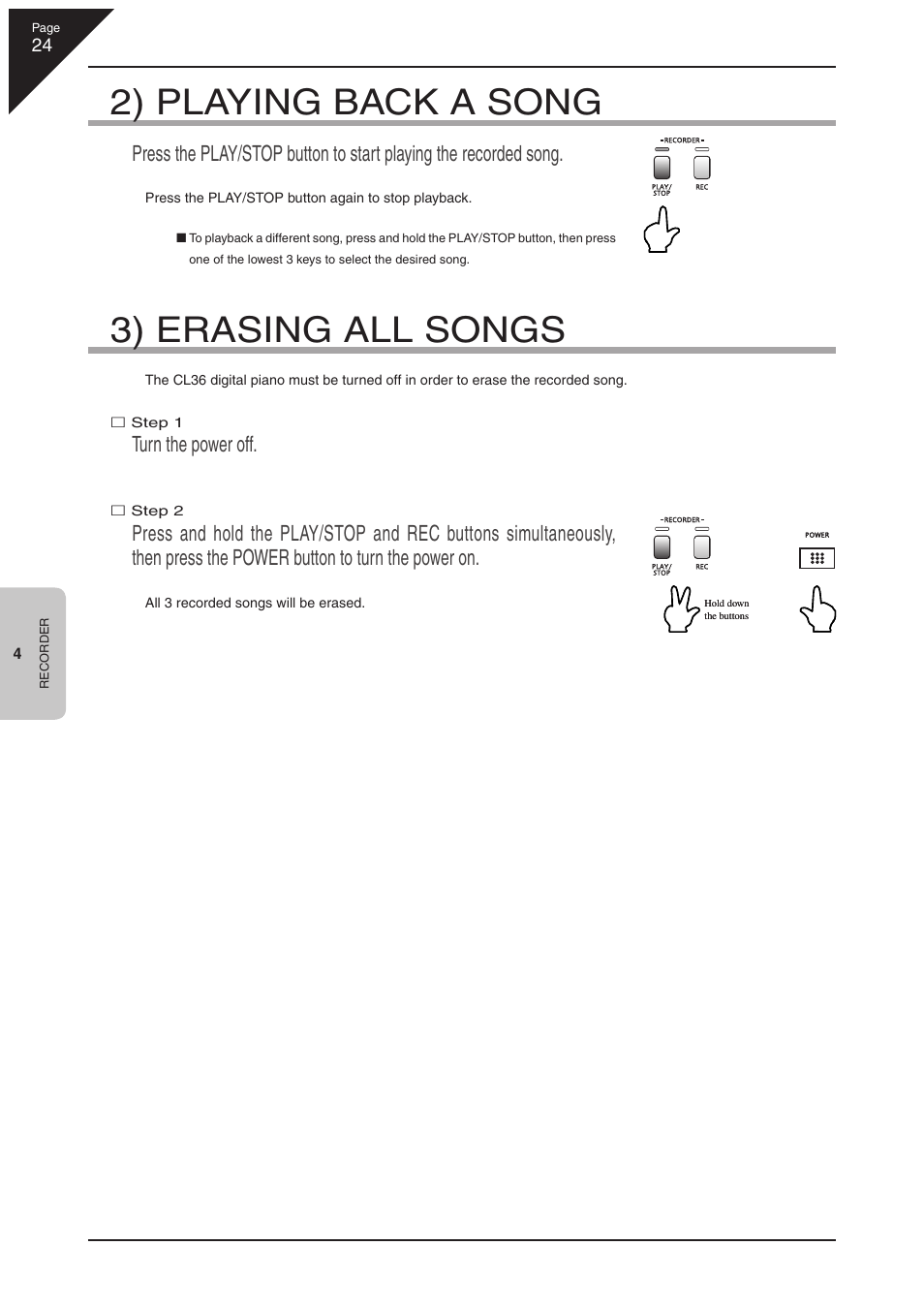 2) playing back a song, 3) erasing all songs, Turn the power off | Kawai CL36 User Manual | Page 24 / 44