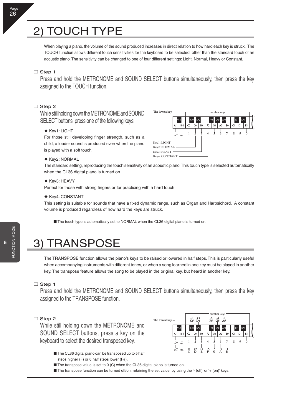 2) touch type, 3) transpose | Kawai CL36 User Manual | Page 26 / 44