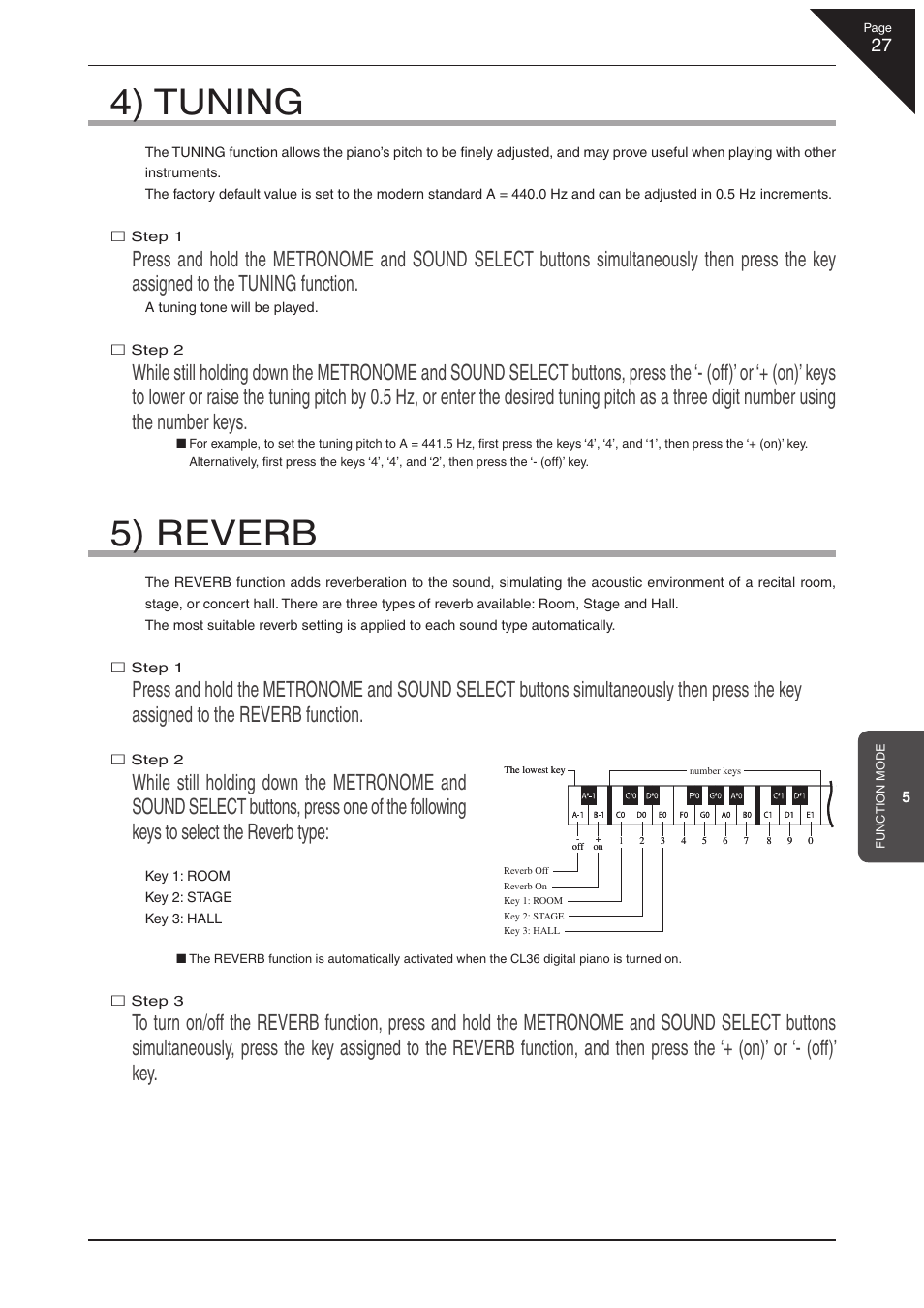 4) tuning, 5) reverb | Kawai CL36 User Manual | Page 27 / 44