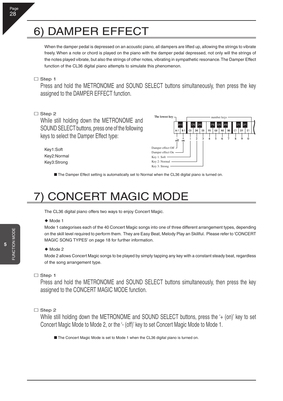 6) damper effect, 7) concert magic mode | Kawai CL36 User Manual | Page 28 / 44