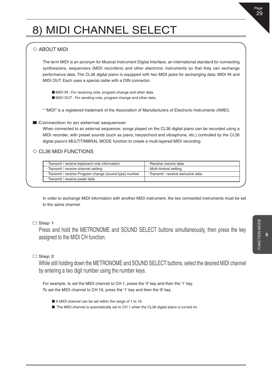 8) midi channel select | Kawai CL36 User Manual | Page 29 / 44