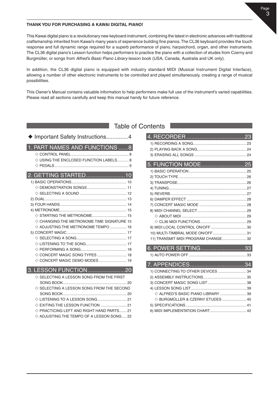 Kawai CL36 User Manual | Page 3 / 44