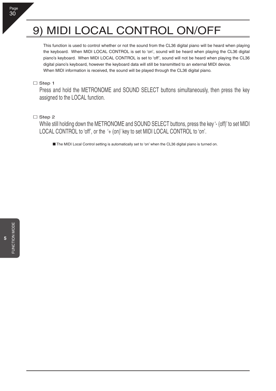 9) midi local control on/off | Kawai CL36 User Manual | Page 30 / 44