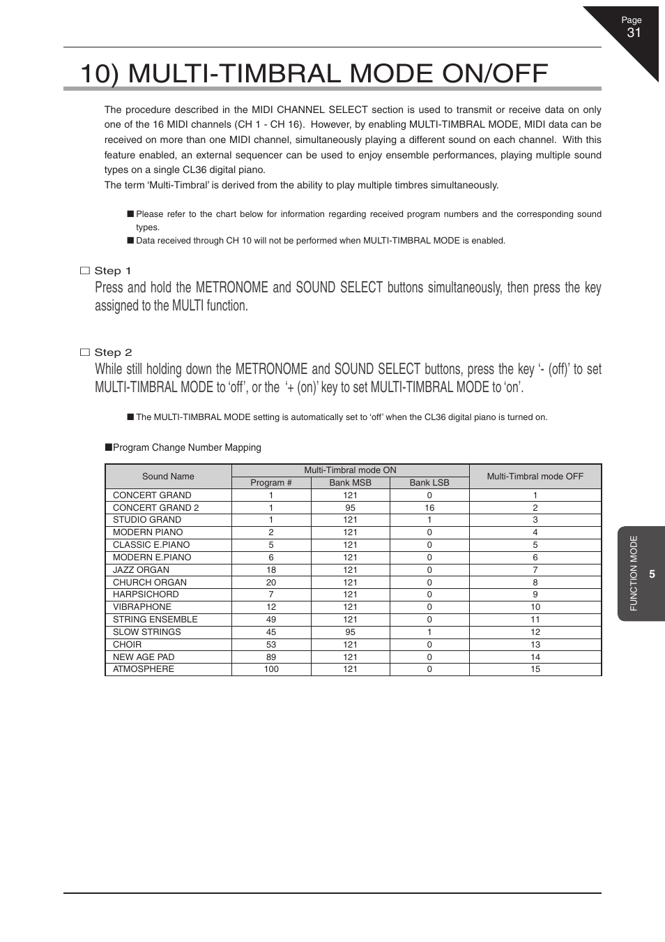 10) multi-timbral mode on/off | Kawai CL36 User Manual | Page 31 / 44