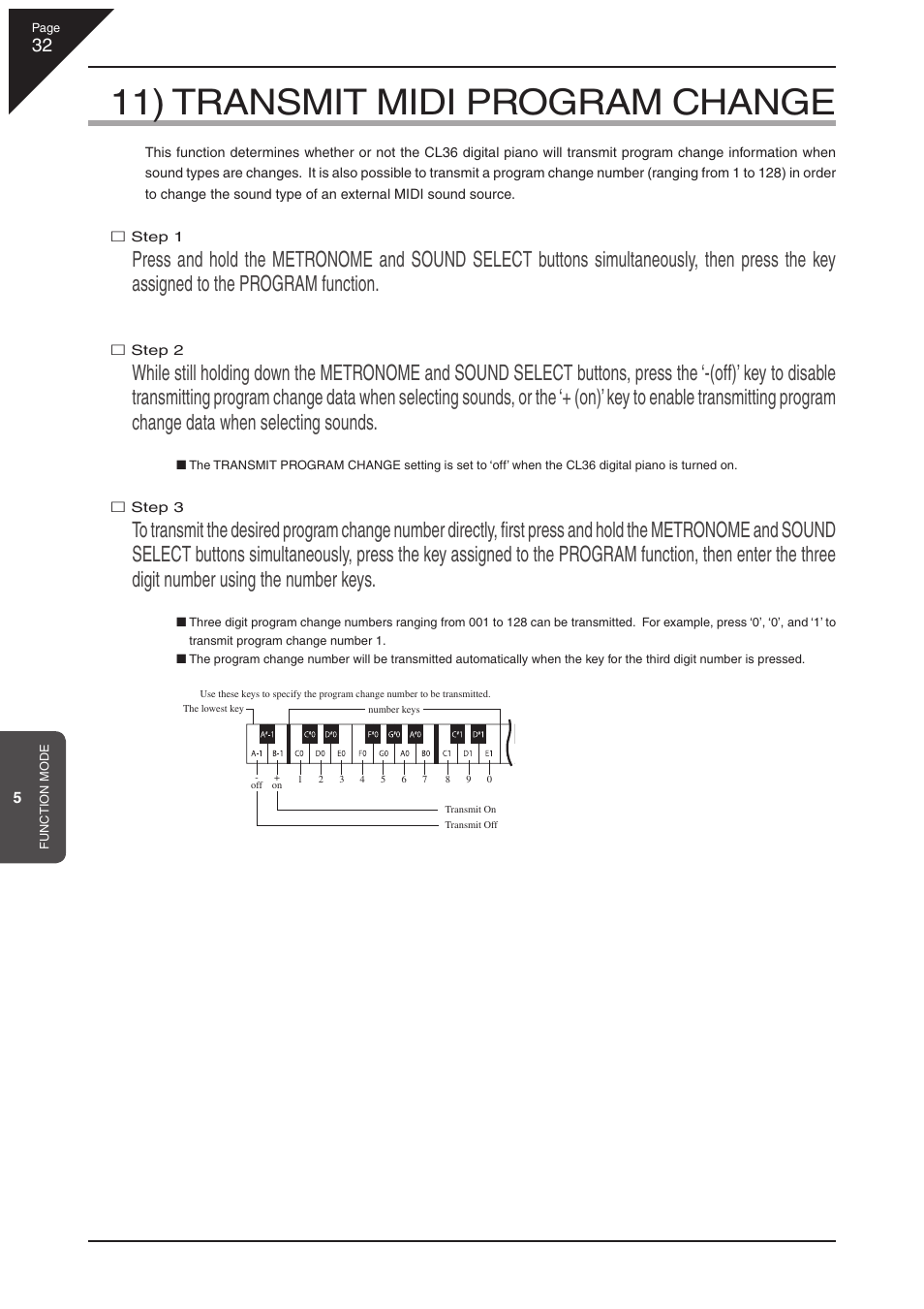 11) transmit midi program change | Kawai CL36 User Manual | Page 32 / 44