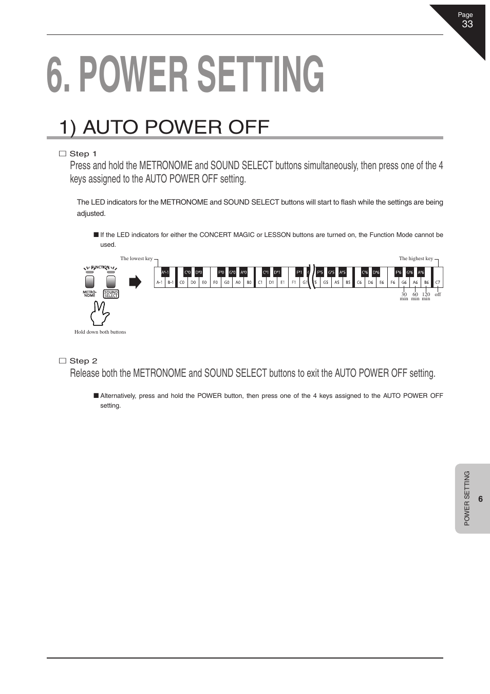 Power setting, 1) auto power off | Kawai CL36 User Manual | Page 33 / 44