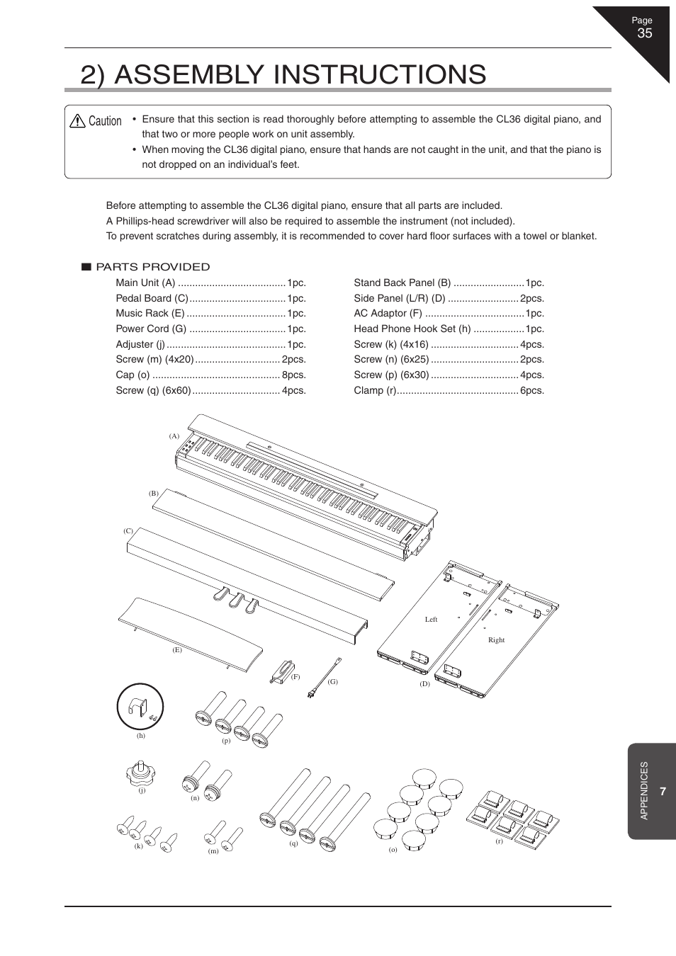 2) assembly instructions, Caution | Kawai CL36 User Manual | Page 35 / 44