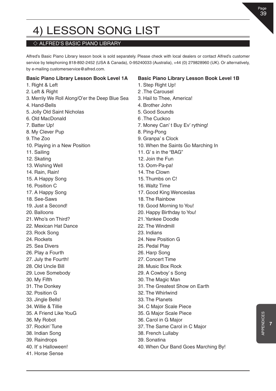 4) lesson song list | Kawai CL36 User Manual | Page 39 / 44