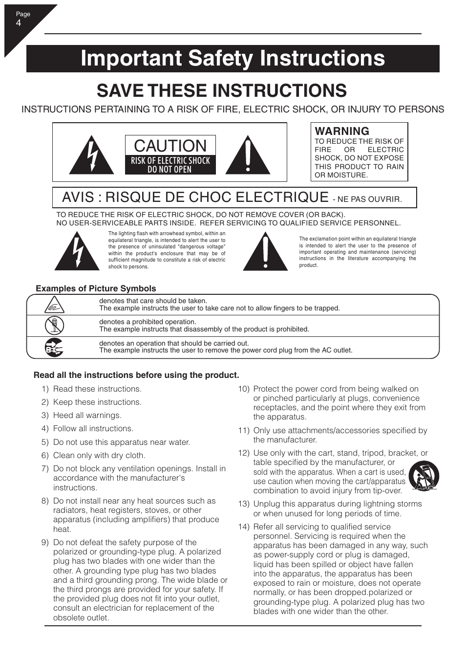 Important safety instructions, Save these instructions, Caution | Avis : risque de choc electrique, Warning | Kawai CL36 User Manual | Page 4 / 44