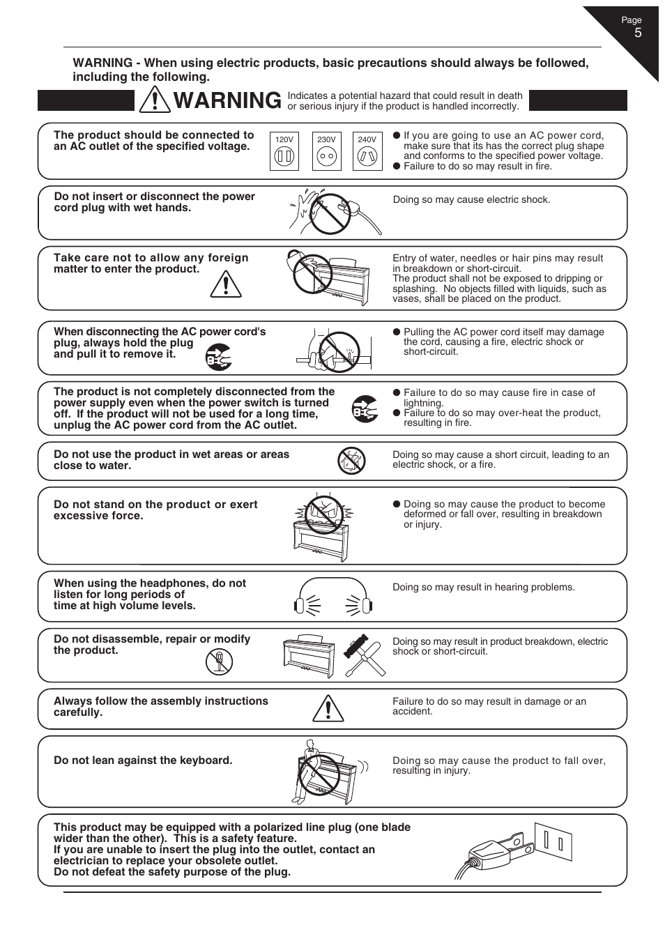 Warning | Kawai CL36 User Manual | Page 5 / 44