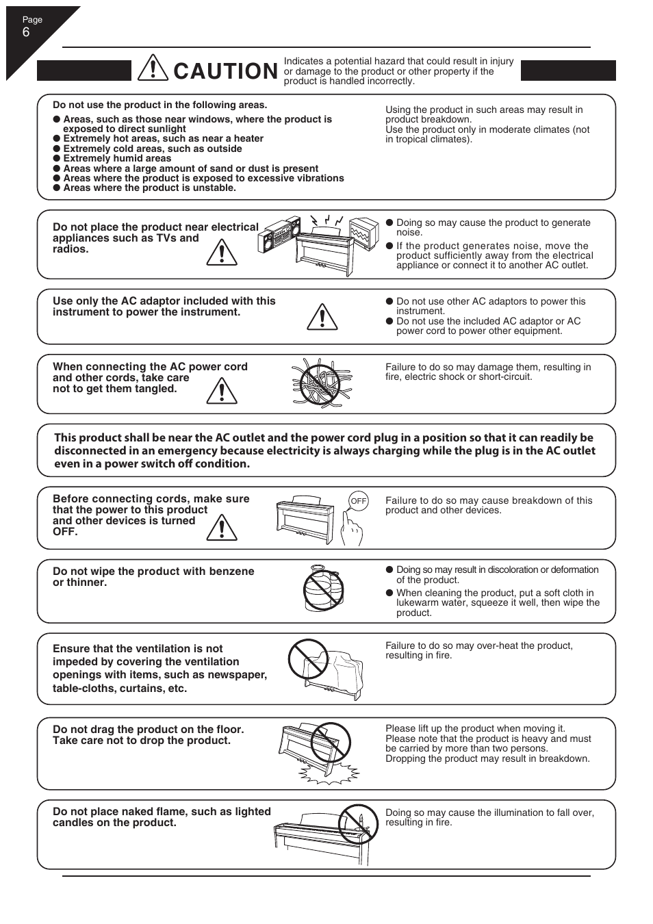 Caution | Kawai CL36 User Manual | Page 6 / 44