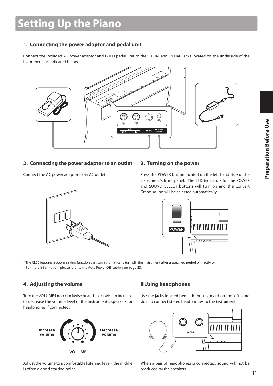 Setting up the piano | Kawai CL26 User Manual | Page 11 / 40