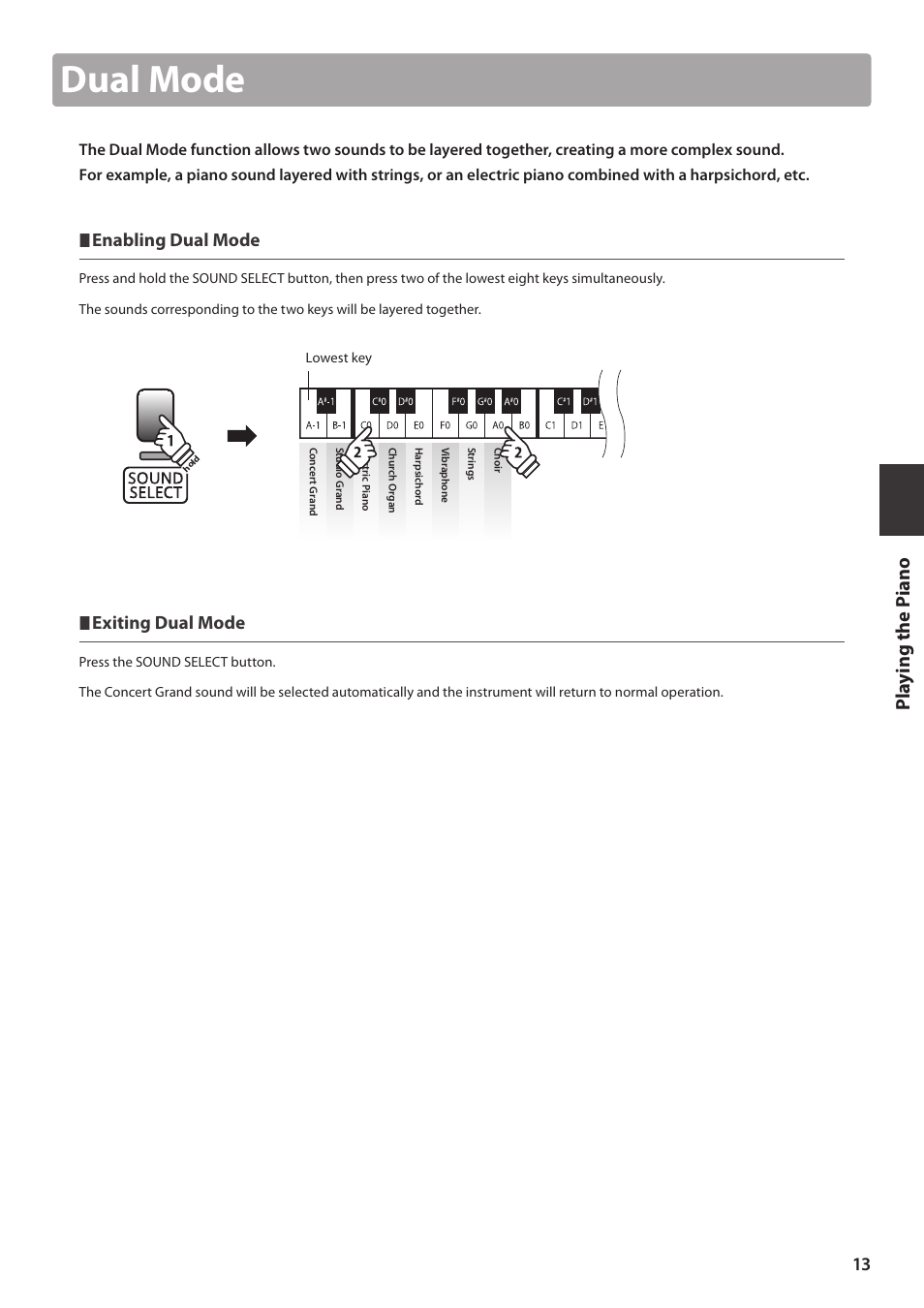 Dual mode, Pla y ing the p iano, Enabling dual mode | Exiting dual mode | Kawai CL26 User Manual | Page 13 / 40