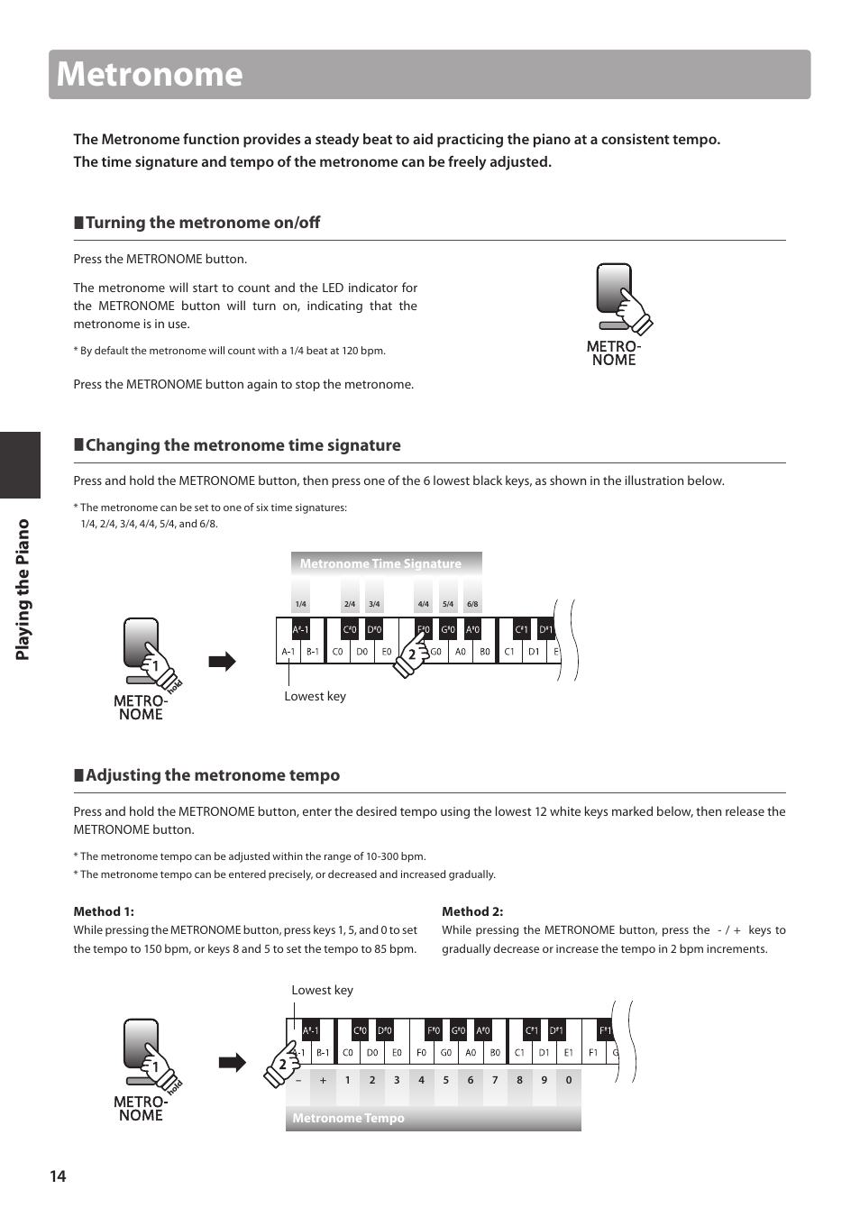 Metronome, Pla y ing the p iano, Turning the metronome on/off | Changing the metronome time signature, Adjusting the metronome tempo | Kawai CL26 User Manual | Page 14 / 40