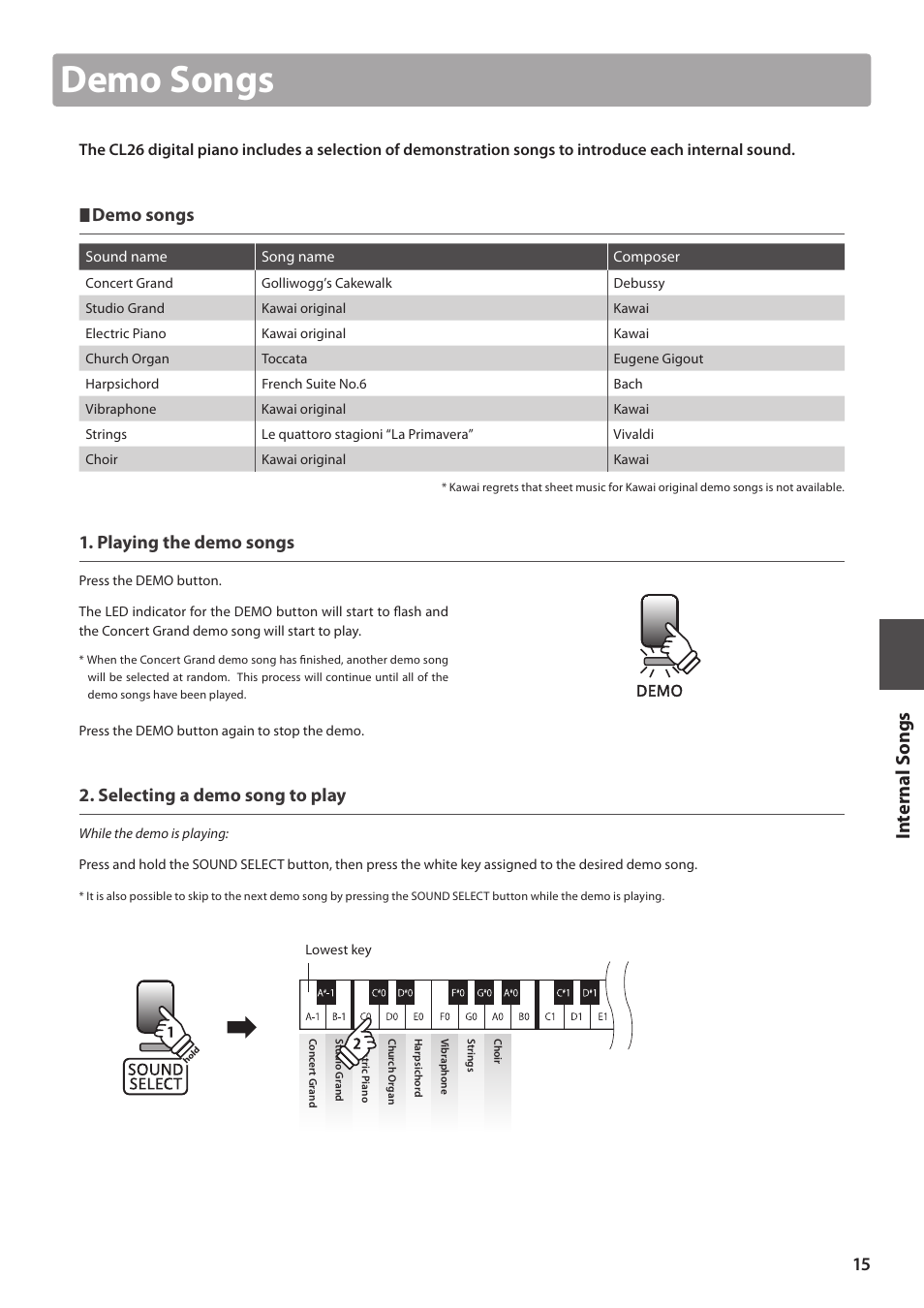 Demo songs, Playing the demo songs, Selecting a demo song to play | Kawai CL26 User Manual | Page 15 / 40