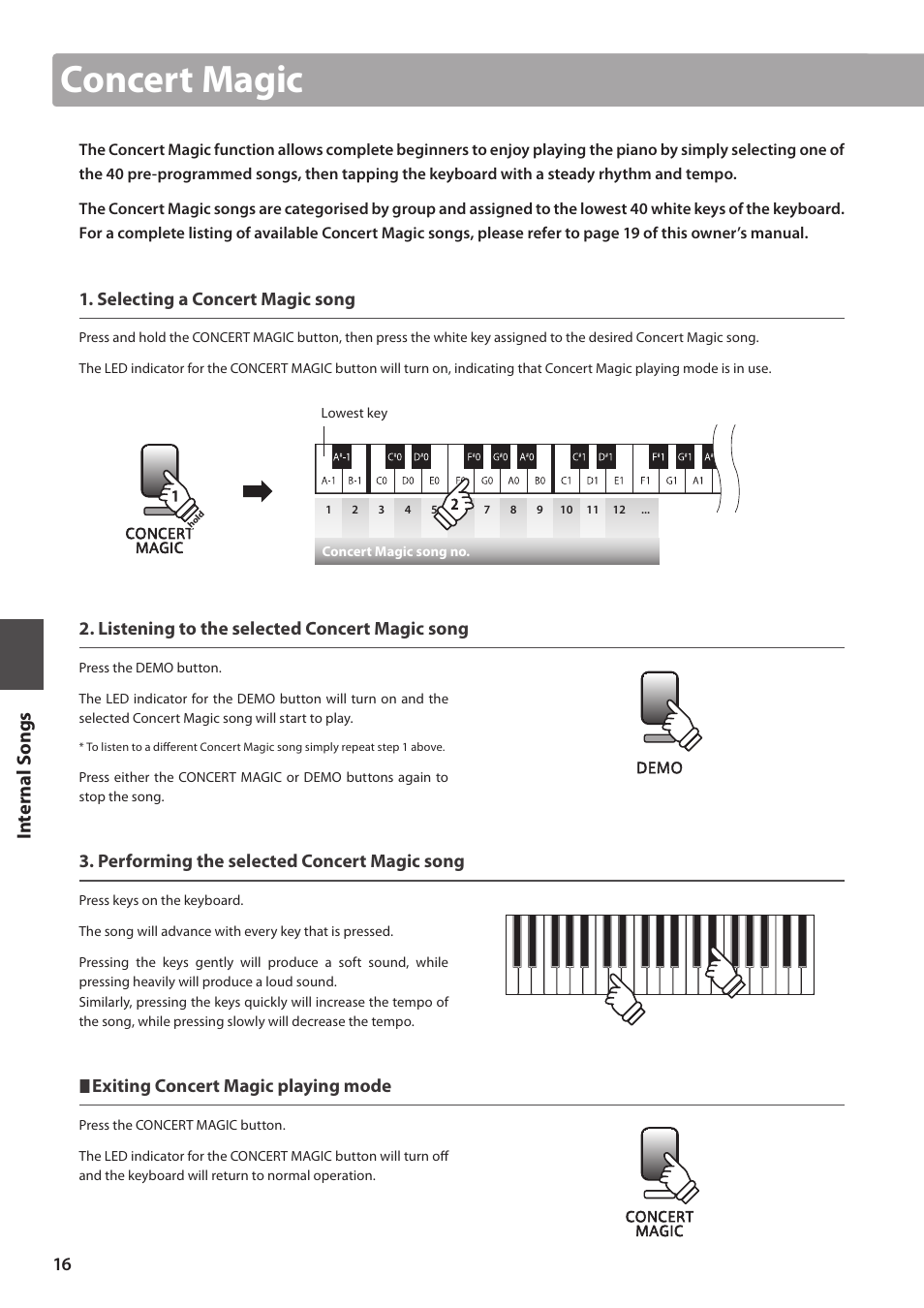 Concert magic, Selecting a concert magic song, Listening to the selected concert magic song | Performing the selected concert magic song, Exiting concert magic playing mode | Kawai CL26 User Manual | Page 16 / 40