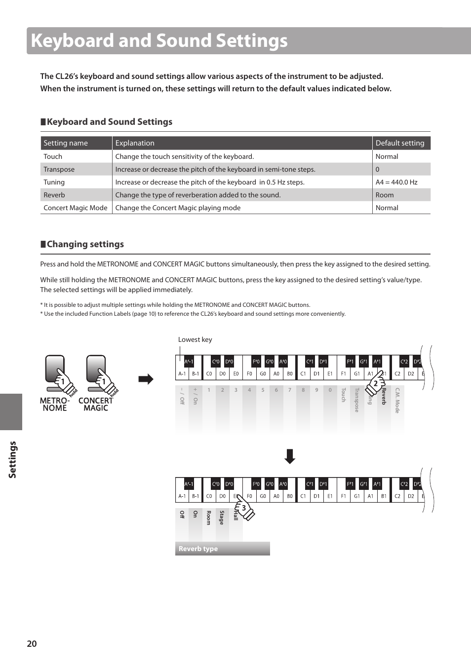 Keyboard and sound settings, Set tings, Changing settings | Kawai CL26 User Manual | Page 20 / 40