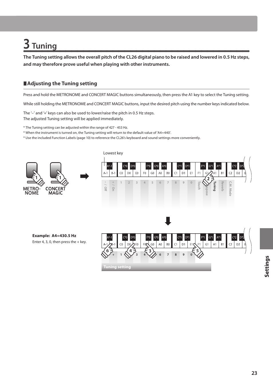 Tuning, Set tings, Adjusting the tuning setting | Kawai CL26 User Manual | Page 23 / 40