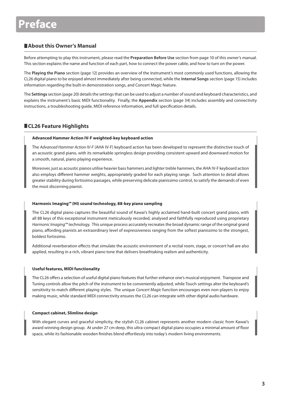 Preface, About this owner’s manual, Cl26 feature highlights | Kawai CL26 User Manual | Page 3 / 40