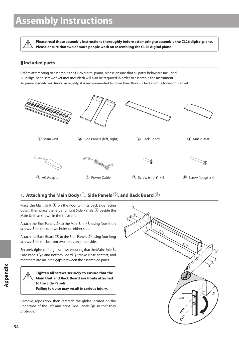 Assembly instructions, Ap p e nd ix, Included parts | Kawai CL26 User Manual | Page 34 / 40