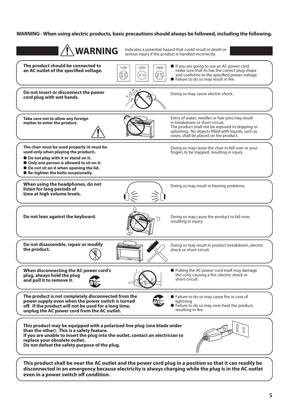 Warning | Kawai CL26 User Manual | Page 5 / 40