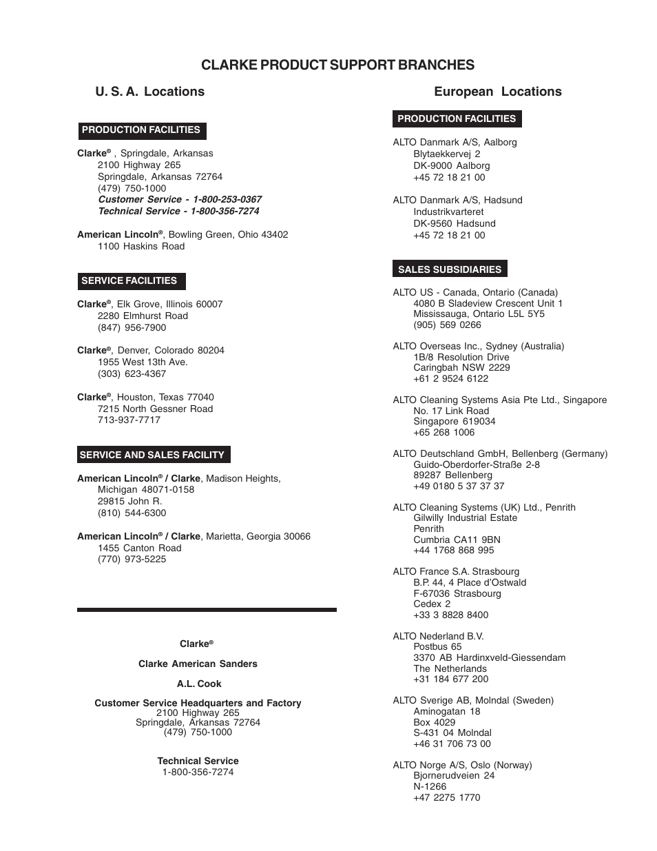 Clarke product support branches, U. s. a. locations european locations | Clarke CAV 26 User Manual | Page 19 / 20