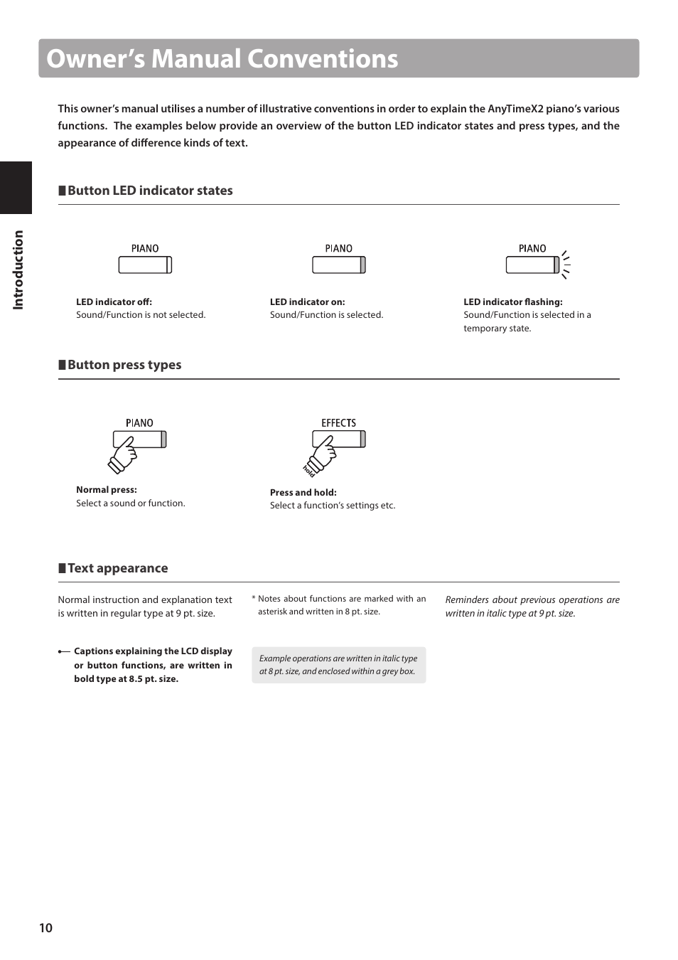 Owner’s manual conventions | Kawai ATX2/ATX2-f User Manual | Page 10 / 120