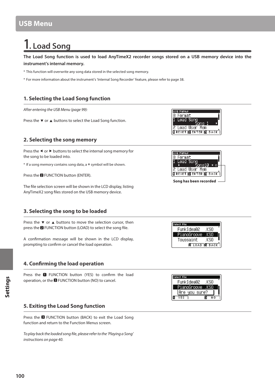 Load song, Usb menu | Kawai ATX2/ATX2-f User Manual | Page 100 / 120