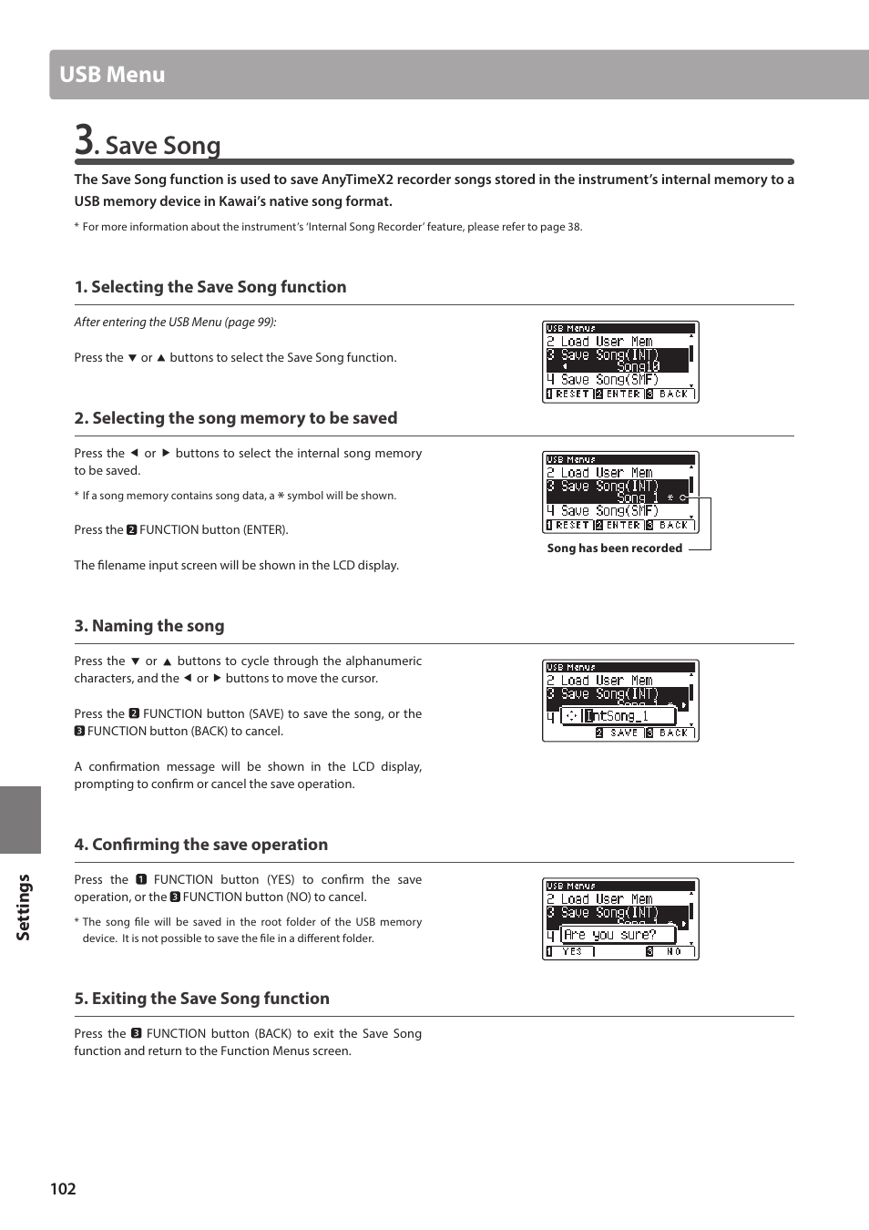 Save song, Usb menu, Set tings | Kawai ATX2/ATX2-f User Manual | Page 102 / 120