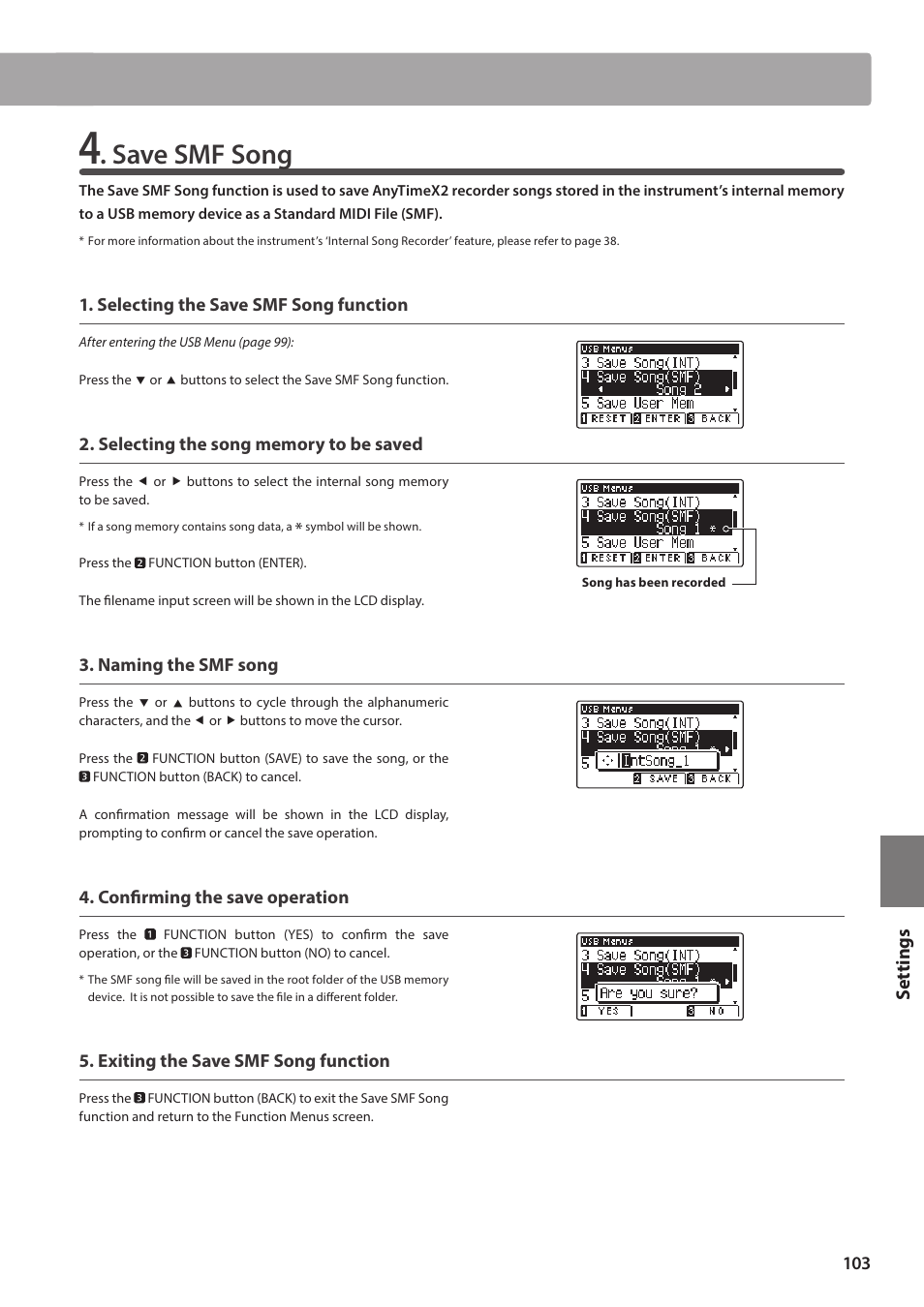 Save smf song, Set tings | Kawai ATX2/ATX2-f User Manual | Page 103 / 120