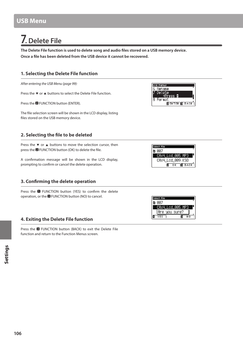 Delete file, Usb menu | Kawai ATX2/ATX2-f User Manual | Page 106 / 120